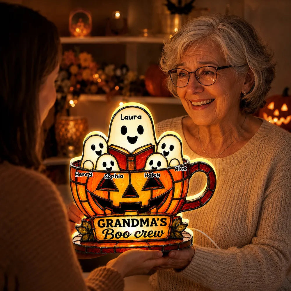Personalized Grandma's Boo Crew Acrylic Light Box, Halloween Ghost Pumpkin Decor, Unique Gift for Grandma