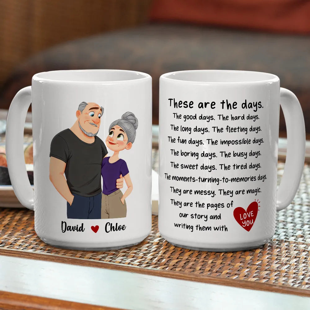 Personalized Ceramic Mug With Hugging Couple Art, These Are the Days, Unique Creative Gift for Partner