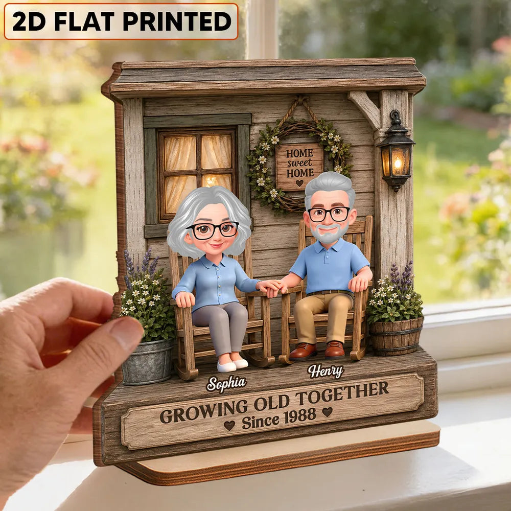Growing Old Together 2-Layer Wooden Plaque, Rocking Chair Couple Holding Hands, Creative Anniversary Gift
