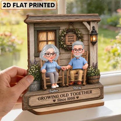 Growing Old Together 2-Layer Wooden Plaque, Rocking Chair Couple Holding Hands, Creative Anniversary Gift