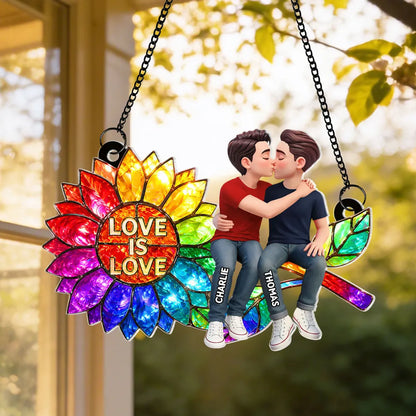 Personalized Acrylic Suncatcher Ornament, Love is Love Rainbow Sunflower with Kissing Couple, Unique LGBTQ Gift