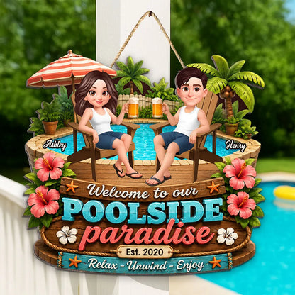 Personalized Wooden Sign, Poolside Paradise Seated Couple Art, Unique Gift for Summer Patio & Porch