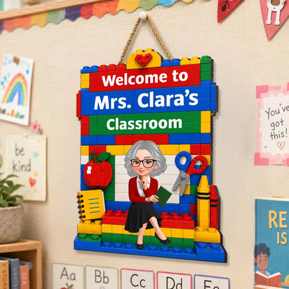 Personalized Wooden Sign with Sitting Teacher Character, Building Brick Classroom Decor, Unique Creative Gift