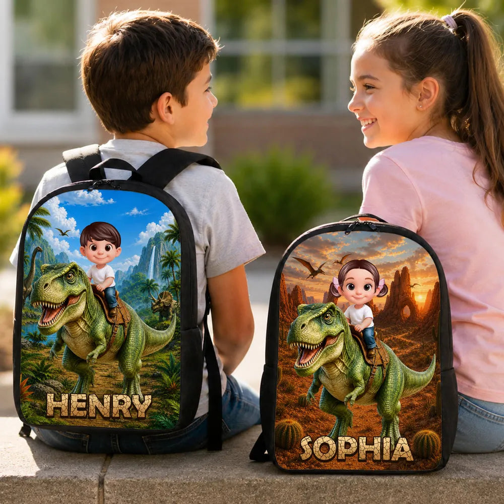 Personalized Kids School Backpack, Child Riding T-Rex Jungle Art, Unique Gift for Boys & Girls