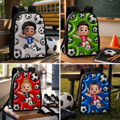 Personalized Kids School Backpack, Cute Soccer Player Kicking Ball, Unique Creative Gift For Kids