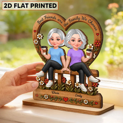 2-Layer Wooden Plaque, Family We Choose Quote with Friends on Floral Bench, Creative Gift for Close Friend