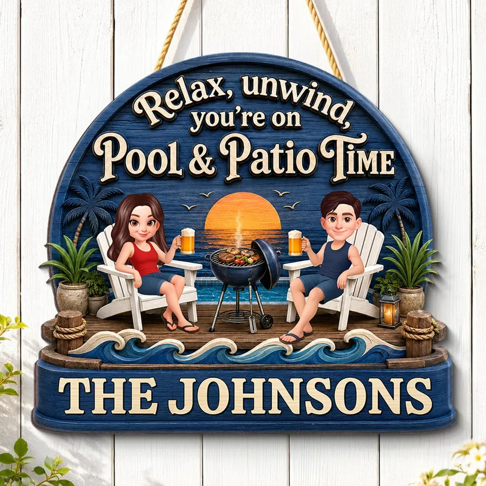 Personalized Wooden Sign, Couple Relaxing by Pool & Patio, Unique Gift for Outdoor Decor