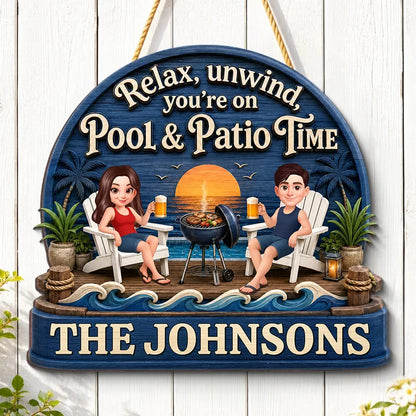 Personalized Wooden Sign, Couple Relaxing by Pool & Patio, Unique Gift for Outdoor Decor