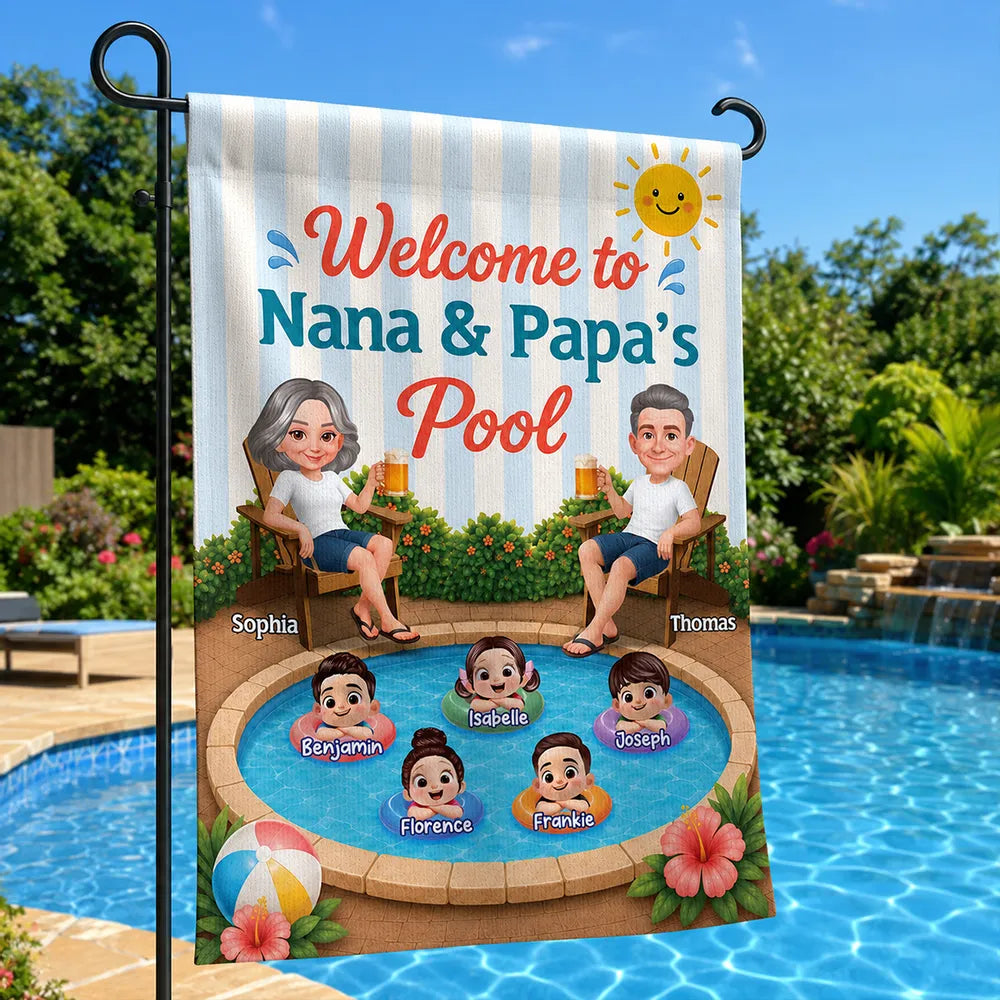 Personalized Garden Flag, Nana & Papa Pool Welcome Design with Grandkids, Unique Gift