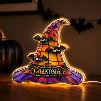 Personalized Acrylic Light Box, Witch Hat Halloween Decor, Unique Gift for Grandma with Warm Glow