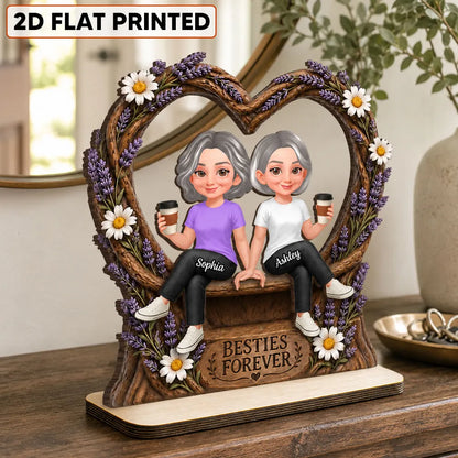 Personalized 2-Layer Wooden Plaque with Sitting Friends, Lavender Heart, Unique Gift for Besties