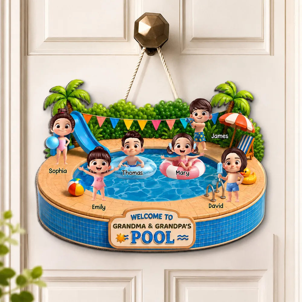Personalized Wooden Sign with Kids Playing at Pool, Unique Gift for Grandparents, Tropical Door Decor