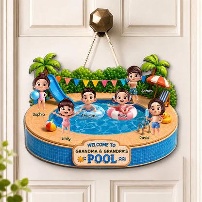 Personalized Wooden Sign with Kids Playing at Pool, Unique Gift for Grandparents, Tropical Door Decor