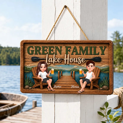 Personalized Wooden Sign, Seated Lake House Couple Illustration, Unique Gift For Family Retreat Decor