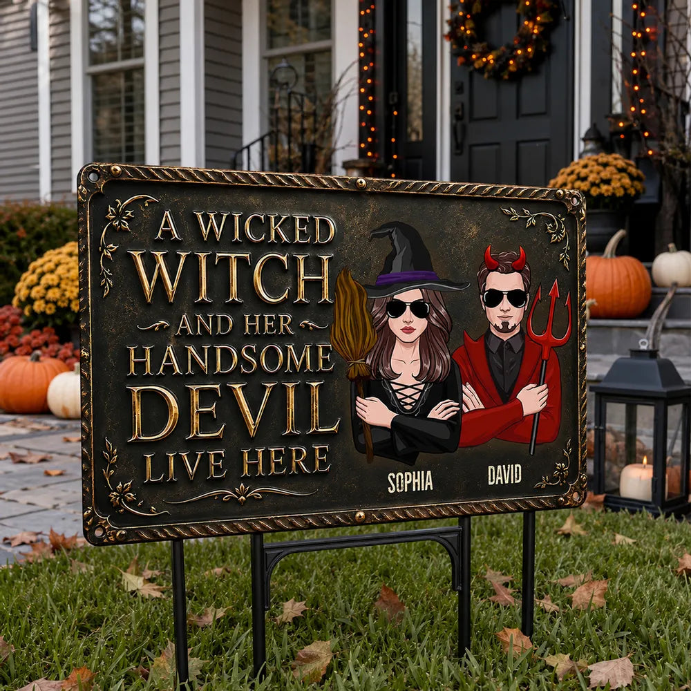 Personalized Rectangular Iron Sign, Wicked Witch & Devil Porch Decor, Unique Gift for Couples