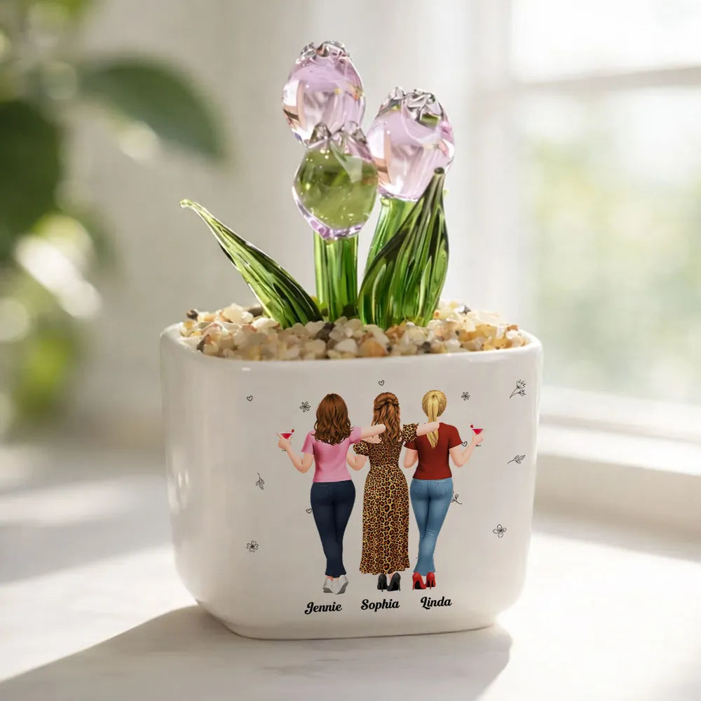 Square Glass Planter, Personalized Pink and Purple Tulips with Arm in Arm Friends, Unique Gift for Best Friend