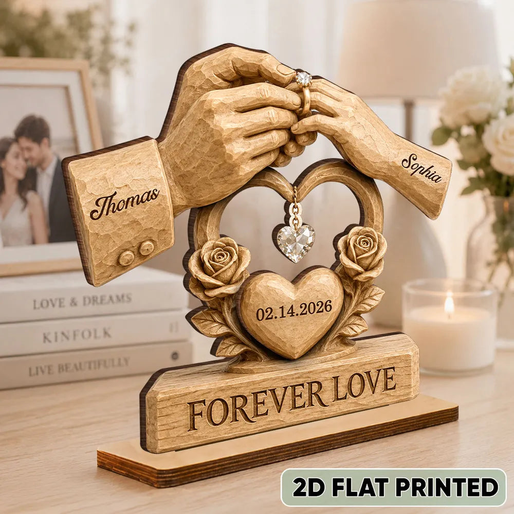 Personalized Layered Wooden Plaque For Couple, Unique Wedding Gift With Warm Ring Exchange Scene