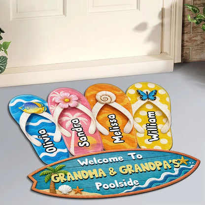 Shaped Doormat, Personalized Flip Flop Family Poolside Welcome, Unique Gift for Grandma & Grandpa