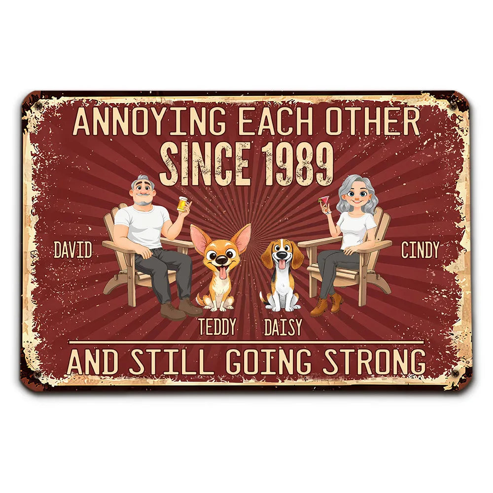 Personalized Rectangular Iron Sign, Seated Couple With Dogs, Vintage Red Unique Creative Gift