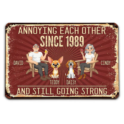Personalized Rectangular Iron Sign, Seated Couple With Dogs, Vintage Red Unique Creative Gift