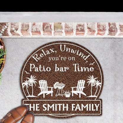 Personalized Shaped Doormat, Patio Time Design With Chairs & Palms, Unique Gift for Family