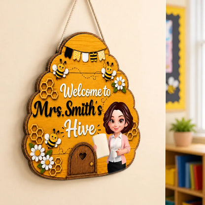 Personalized Wooden Sign with Teacher Holding a Book, Bee Hive Classroom Decor, Unique Back to School Gift