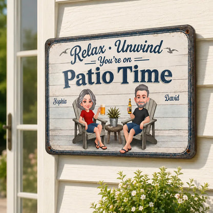 Personalized Metal Sign with Seated Patio Couple, Relax Unwind Decor, Unique Gift for Couples