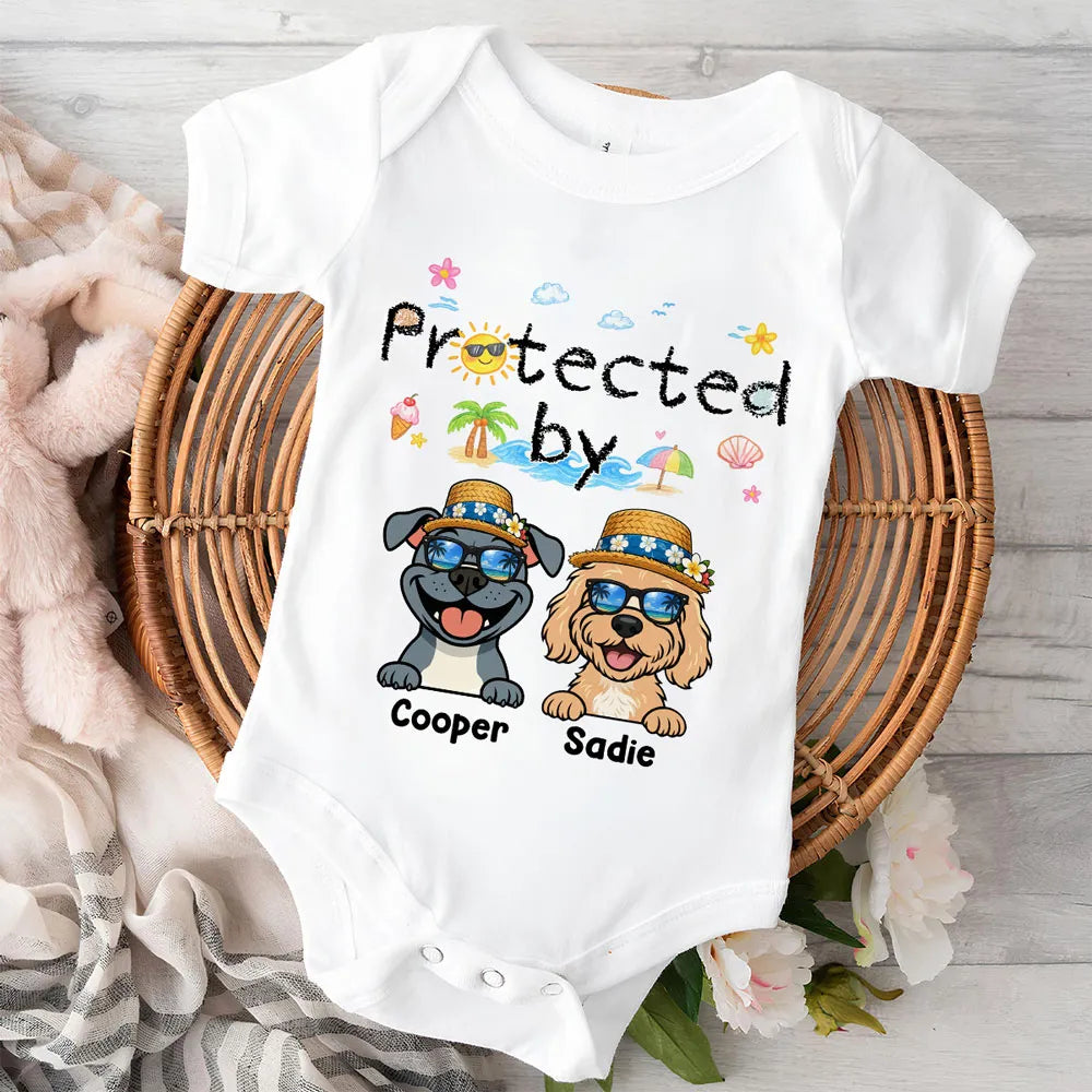 Protected by Summer Dogs Personalized Short Sleeve Baby Onesie, Unique Creative Gift for New Parents