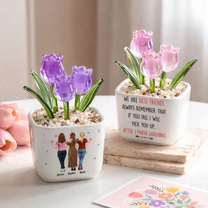 Square Glass Planter, Personalized Pink and Purple Tulips with Arm in Arm Friends, Unique Gift for Best Friend