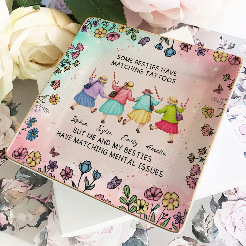 Personalized Jewelry Dish with Walking Friends Illustration, Funny Floral Decor, Creative Gift for Friend