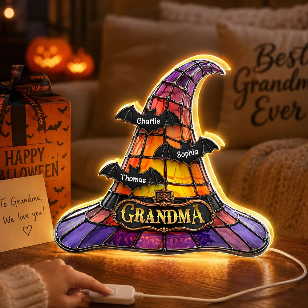 Personalized Acrylic Light Box, Witch Hat Halloween Decor, Unique Gift for Grandma with Warm Glow