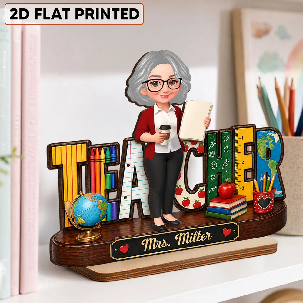 Personalized 2-Layer Wooden Plaque, Standing Cartoon Teacher with School Supplies, Unique Gift for Teacher