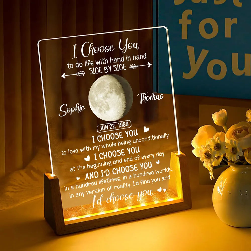 Personalized LED Light Frame With I Choose You Moon Quote, Unique Creative Gift for Couple, Warm Bedside Glow