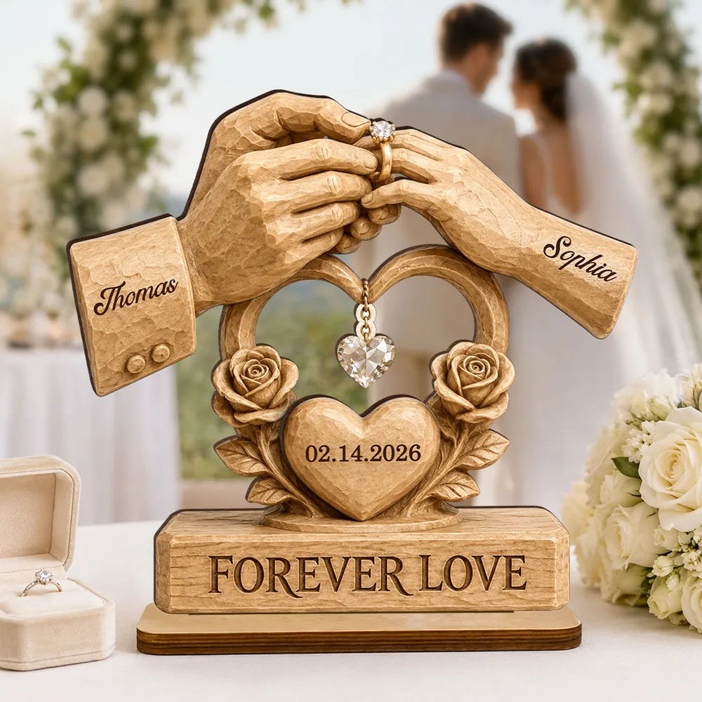 Personalized Layered Wooden Plaque For Couple, Unique Wedding Gift With Warm Ring Exchange Scene