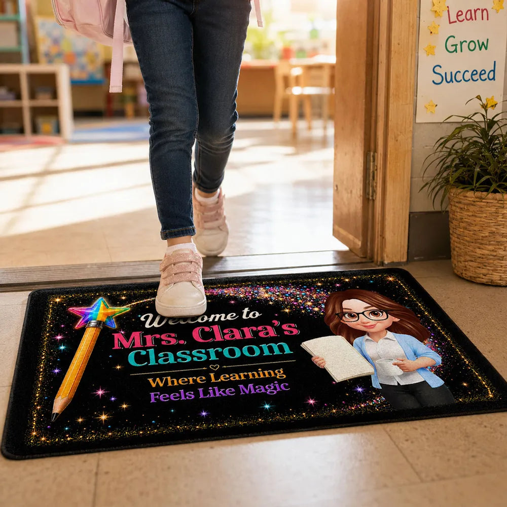 Personalized Teacher Doormat, Classroom Welcome With Pencil Wand, Unique Creative Gift for Back to School