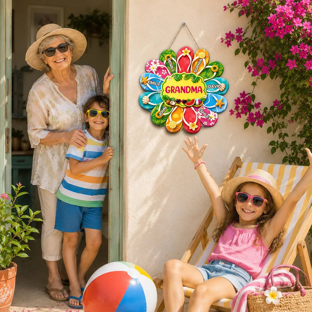 Personalized Grandma Wooden Sign, Tropical Flip Flop Custom Summer Decor, Unique Gift for Grandma