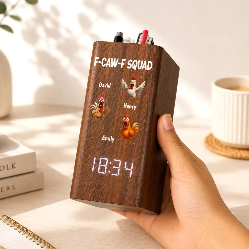 Wooden Pen Holder Clock, Personalized Cartoon Chicken Desk Organizer, Unique Coworker Gift
