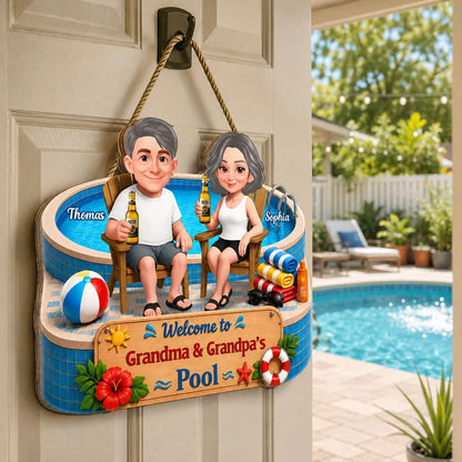 Personalized Wooden Sign, Cartoon Grandparents by the Pool, Unique Creative Gift for Grandma & Grandpa