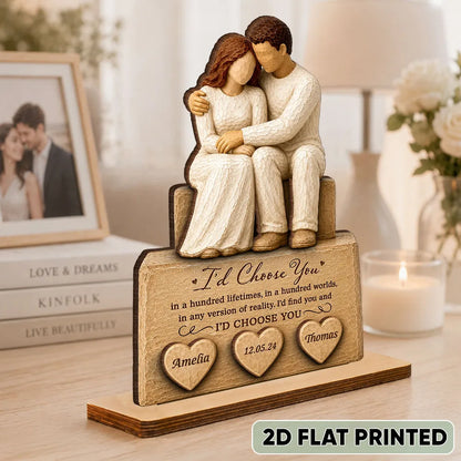 Personalized 2-Layer Wooden Plaque with Embracing Couple, I'd Choose You Quote, Unique Anniversary Gift