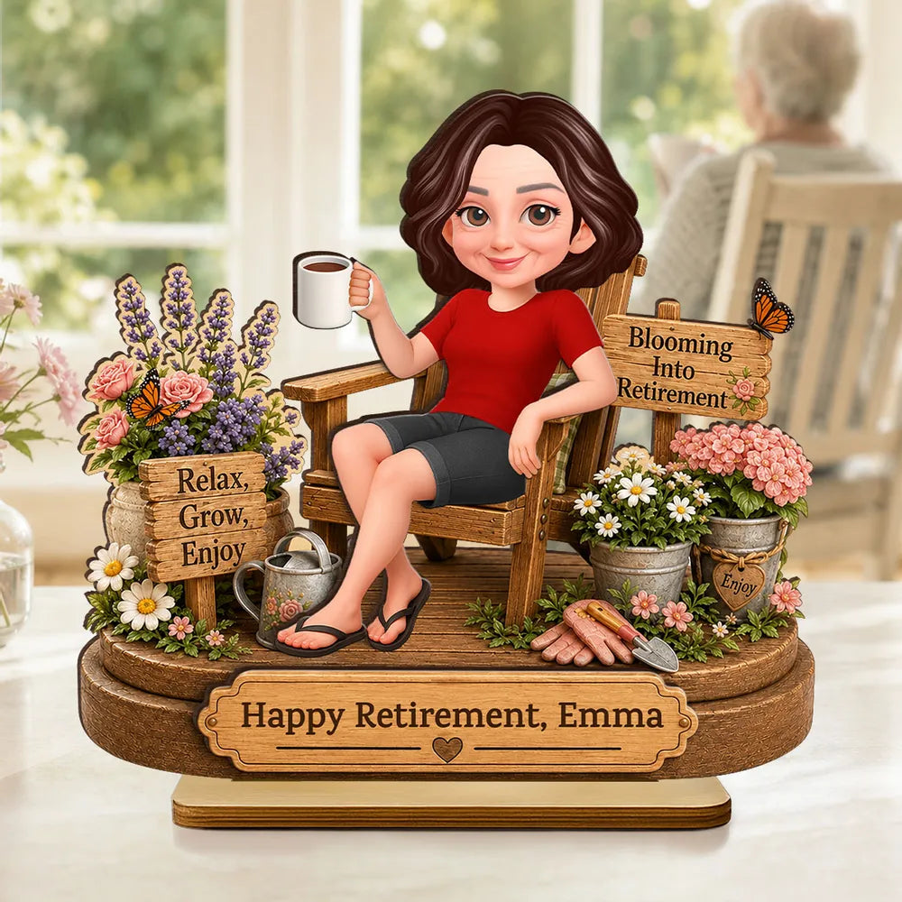 Personalized 2-Layer Wooden Plaque, Woman Relaxing in Garden Chair, Unique Retirement Gift for Mom or Grandma