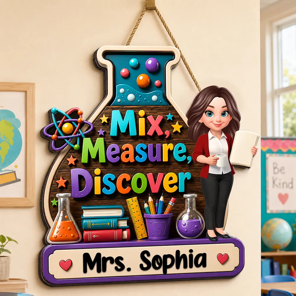 Personalized Wooden Sign With Standing Teacher Illustration, Colorful Classroom Theme, Unique Creative Gift for Teacher