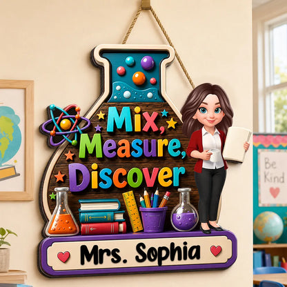 Personalized Wooden Sign With Standing Teacher Illustration, Colorful Classroom Theme, Unique Creative Gift for Teacher