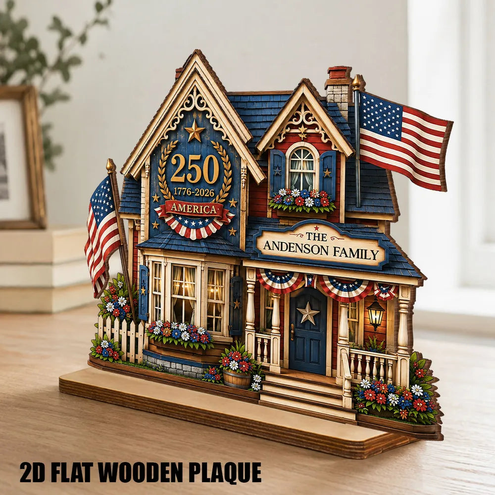 Personalized Wooden Plaque with Patriotic House Art, USA 250th Family Shelf Decor, Unique Gift for Family