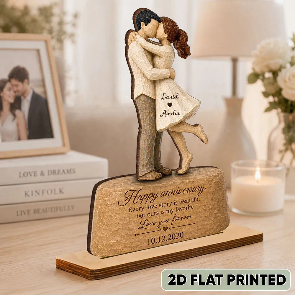 Personalized Wooden Plaque, Kissing Couple Anniversary Keepsake, Unique Gift for Her & Him