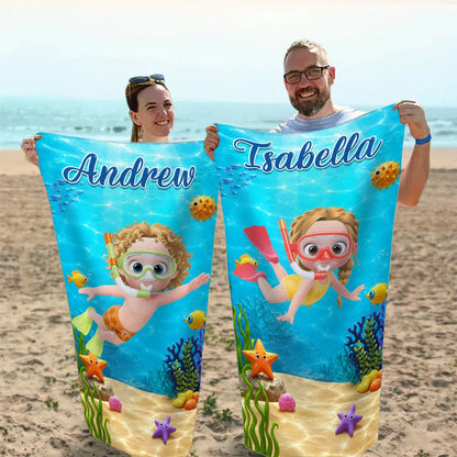 Personalized Beach Towel, Playful Ocean Snorkeling Adventure, Creative Gift for Kids and Grandkids