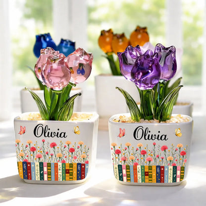 Personalized Square Glass Planter with Purple Tulips & Book Garden, Unique Creative Gift for Book Lover
