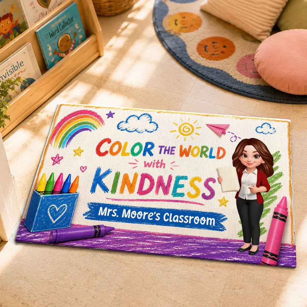 Personalized Standard Doormat With Standing Teacher & Kindness Quote, Unique Back To School Gift