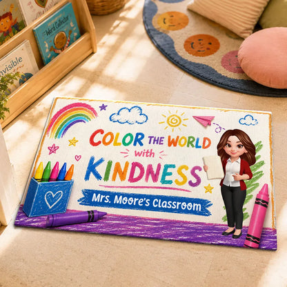 Personalized Standard Doormat With Standing Teacher & Kindness Quote, Unique Back To School Gift