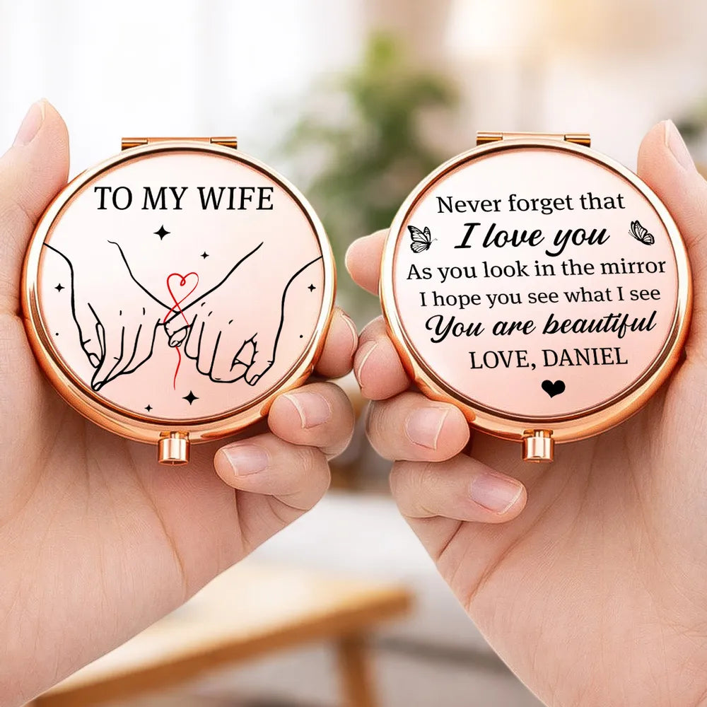 Personalized Metal Compact Mirror For Wife, Pinky Promise Art, Unique Creative Gift She Can Carry
