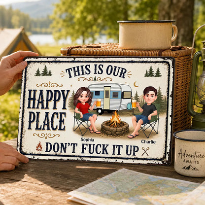 Personalized Rectangular Iron Sign, Sitting Camping Couple By Campfire, Creative Gift For Campers